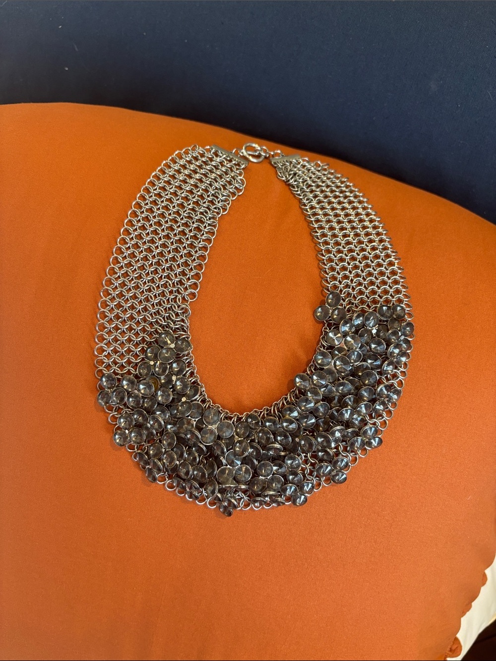 Statement Crystal Bib Necklace - Silver and Smoky Gray